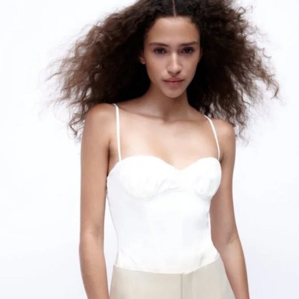 Zara Corset Bodysuit in‎ Cream Linen Blend Spaghetti Straps (Size Medium)